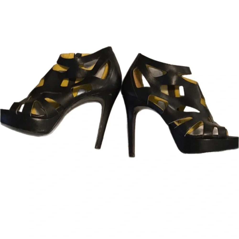 Pour La Victoire  Caged  Platform Genuine Black Leather Cage Style Heels